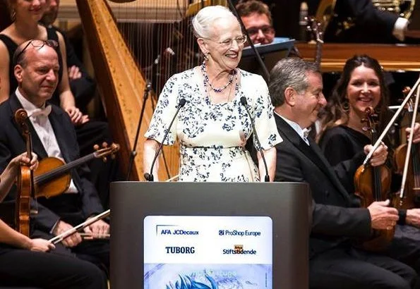 Queen Margrethe attended 2018 Aarhus Festival's opening gala at Aarhus Concert Hall. wore floral summer dress