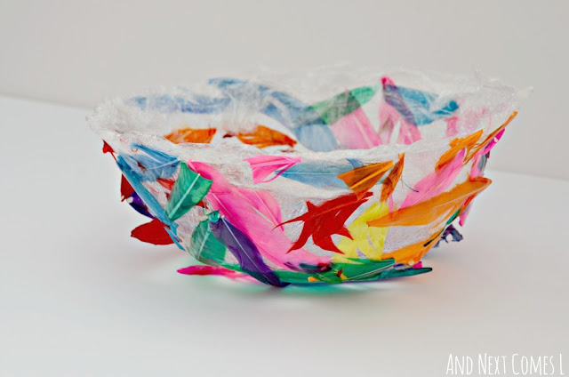 Colorful feather bowl fine motor craft for kids
