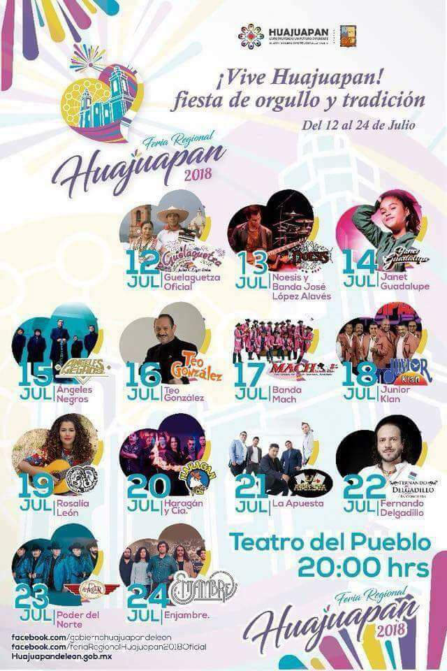 Cartelera 2018 de la Feria Regional de Huajuapan de León, Oaxaca Vive