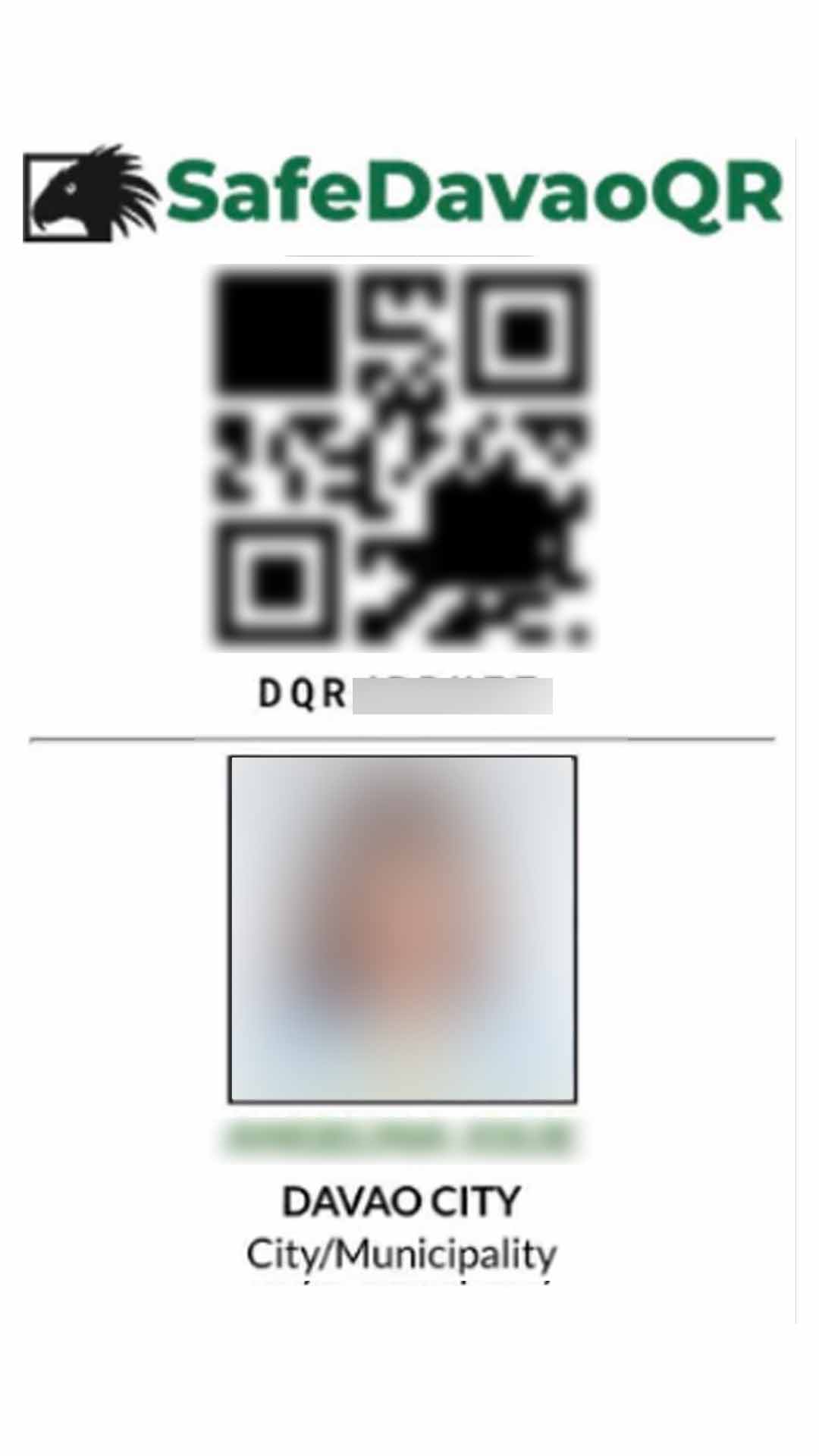 Your actual Safe Davao QR Code with a unique DQR text code.