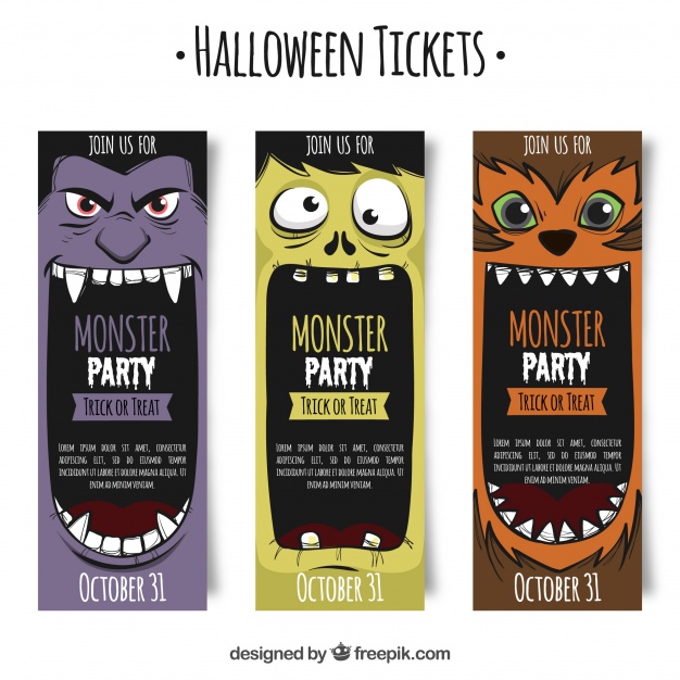 Halloween tickets with monsters Free Vector