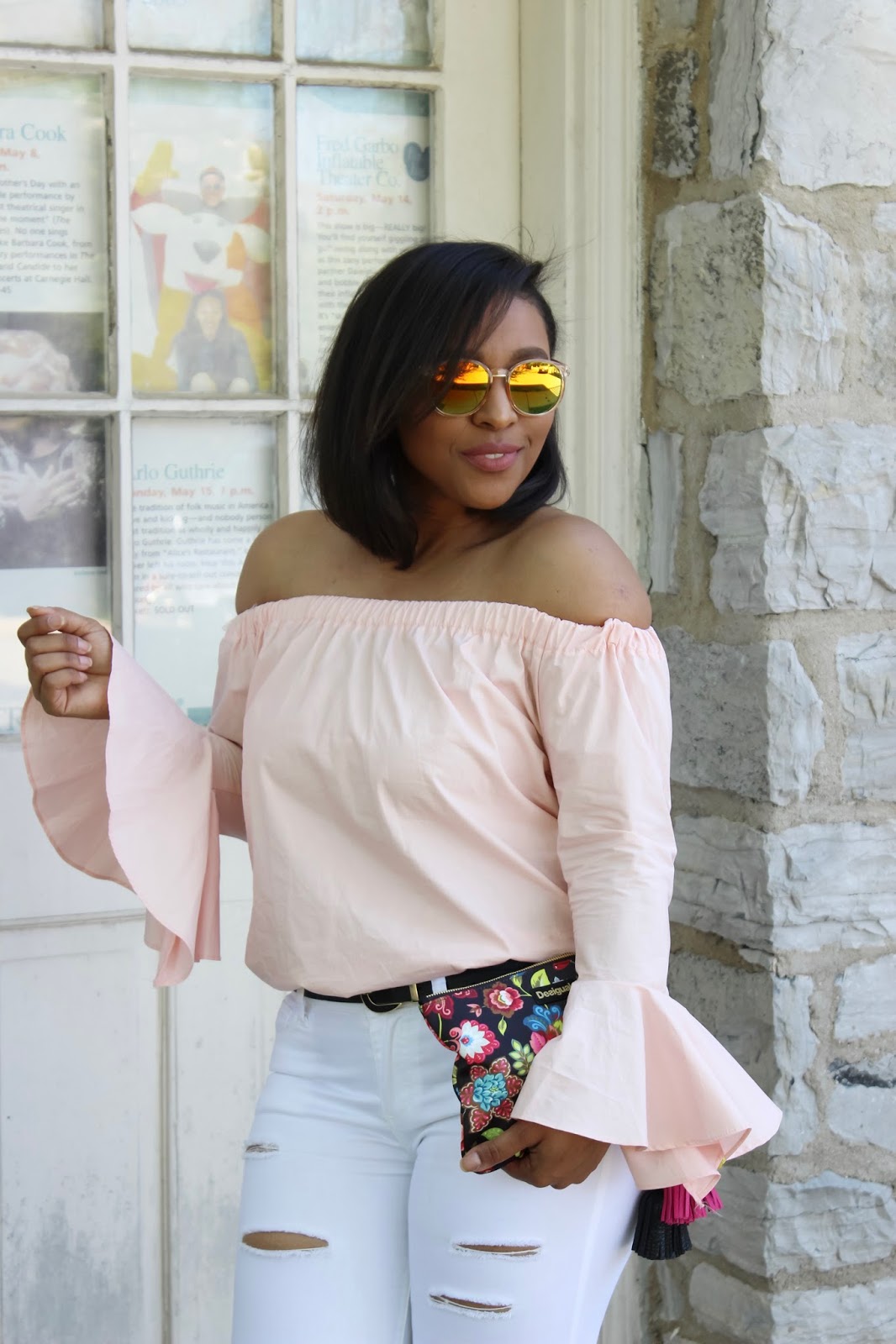 reusing wardrobe pieces, budget blogger, summer looks, off the shoulder trend, bell sleeves, white denim, desigual, summer trends, summer looks