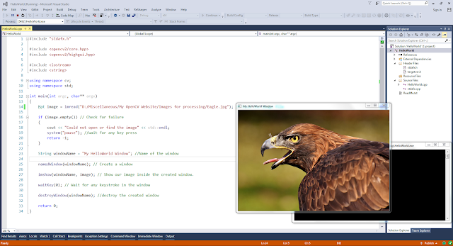 Output of the First HelloWorld OpenCV application in Visual Studio