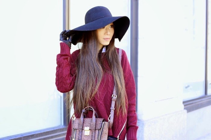 Romwe cable knit sweater with zippers, cable knit, lovers and friends LA moto skinny jeans, sam edelman t strap heels, 31phillip lim mini pashli bag, nastygal floppy hat, asos gloves, burgundy outfit, fashion blog, nyc, winter outfit, winter street style