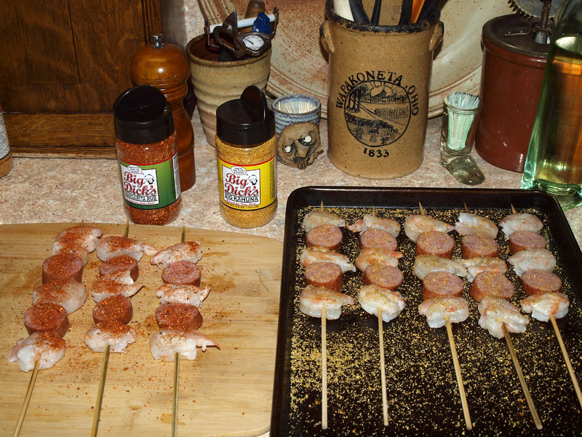 Pellet Smoker Cooking Shrimp & Sausage Kabobs and Corn on the Cob