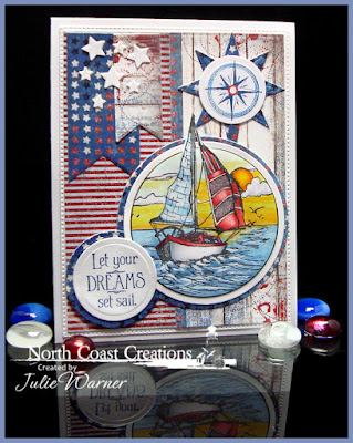 North Coast Creations Stamp sets: Sail Away, Our Daily Bread Designs Stamp sets:  Smooth Sailing, ODBD Patriotic Paper Collection, ODBD Custom Dies: Circle Ornament, Matting Circles, Pennants, Splendorous Stars, Sparkling Stars