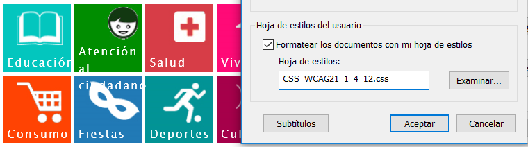 Ventana de menú de Explorer para indicar tu CSS personal. Por debajo los destacados de una web con el texto desbordado o cortado. 