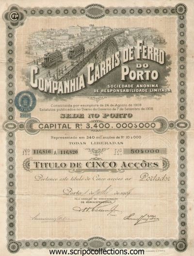 Companhia Carris de Ferro do Porto share certificate depicting bridge built by Eiffell