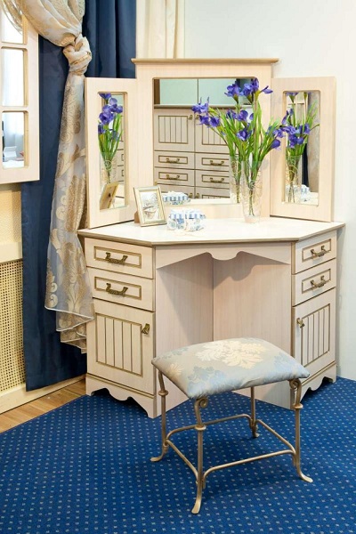 luxury small corner dressing table designs with angular mirror for classic bedrooms