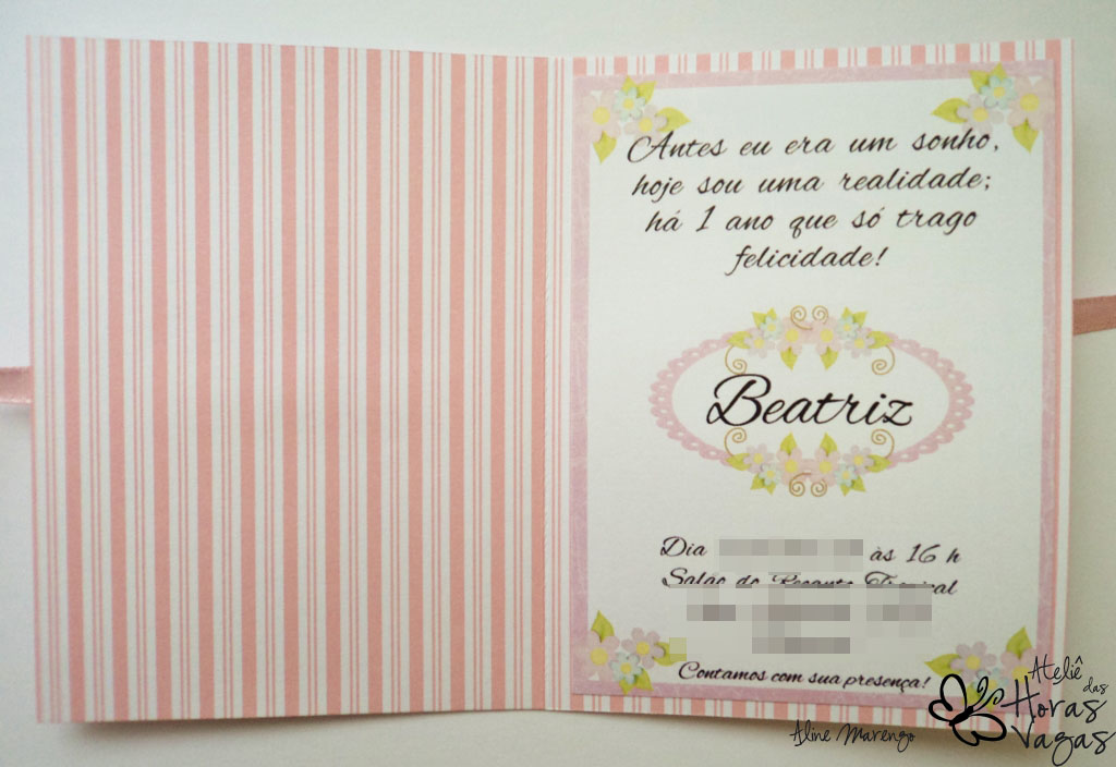 convite artesanal infantil ursinho branco listra floral rosa 1 aninho