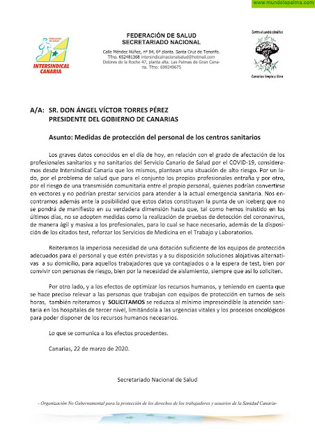 Intersindical Canaria solicita a Ángel Víctor Torres incrementar las medidas de protección del personal del SCS ante el COVID-19
