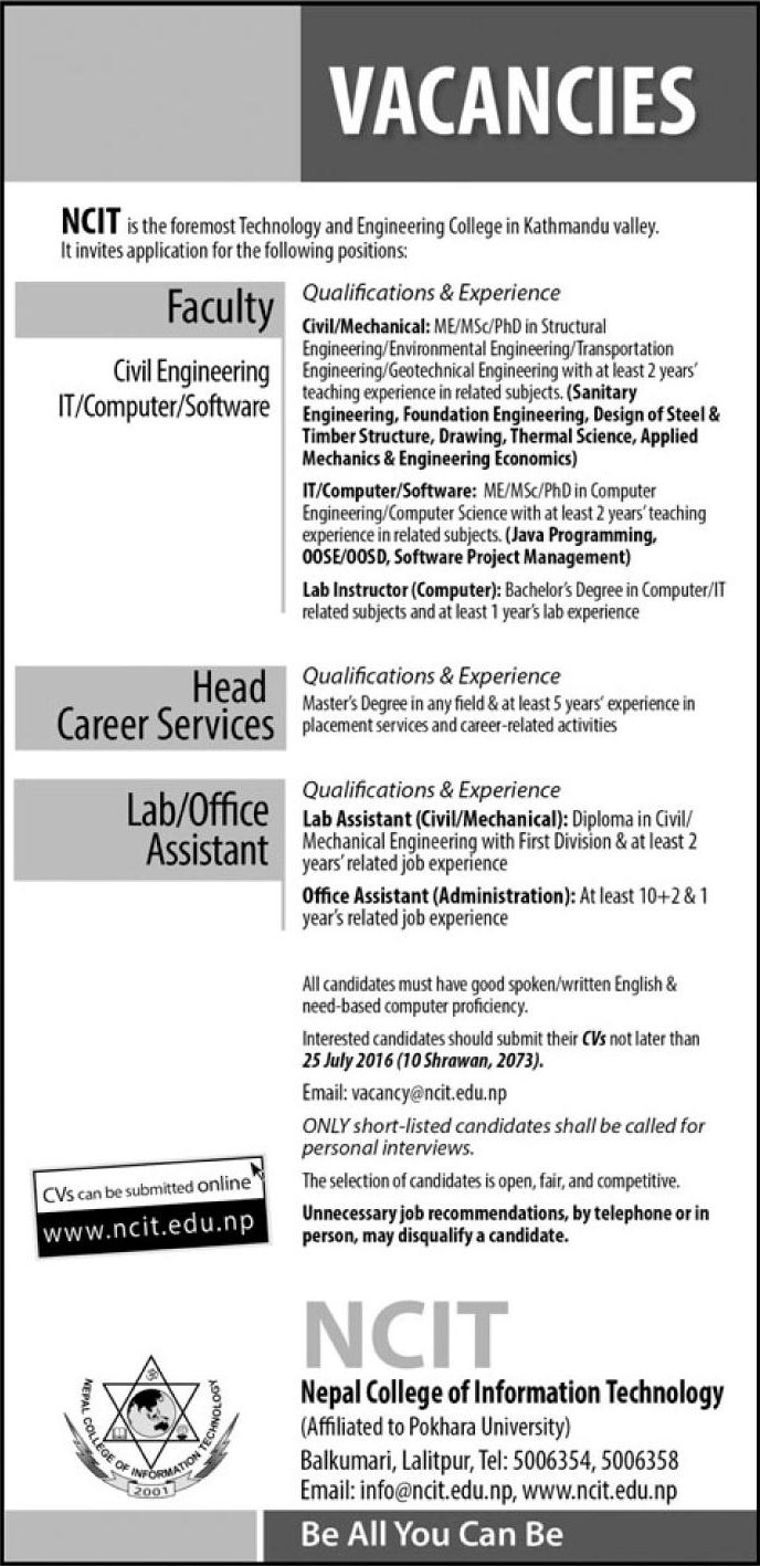 Faculty Member and Lab Assistant Positions Vacancy Nepal College of