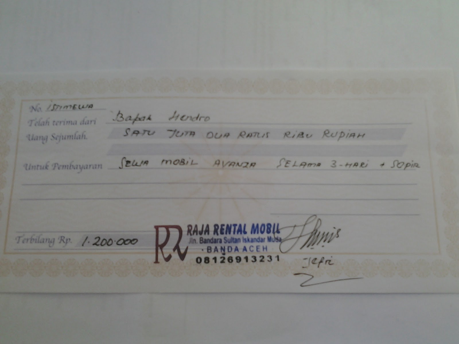 Rental Mobil Aceh Nota Pembayaran