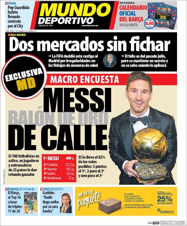 FC Barcelona, Mundo Deportivo: "Messi, balón de oro de calle"