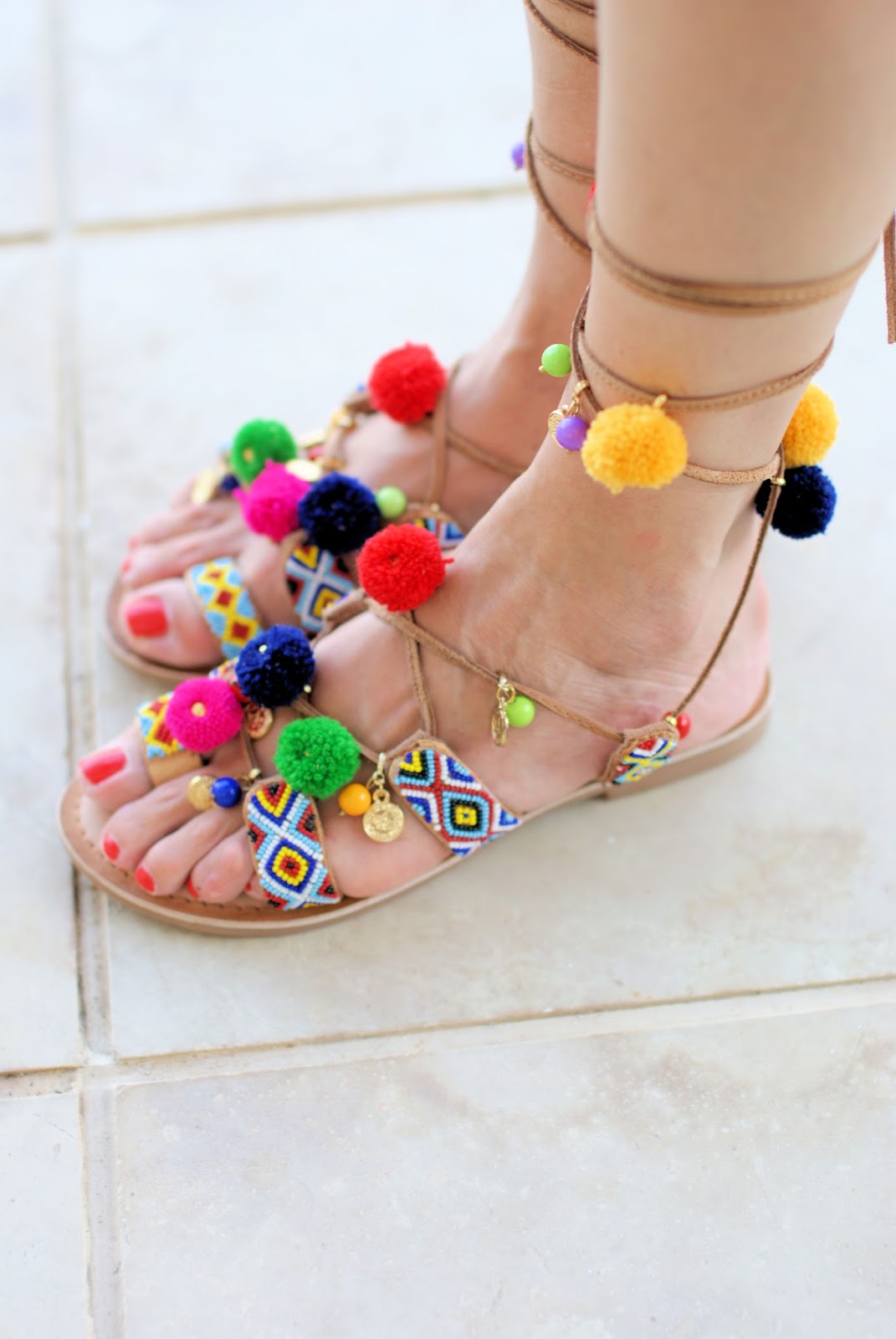 tie up sandals with pom poms