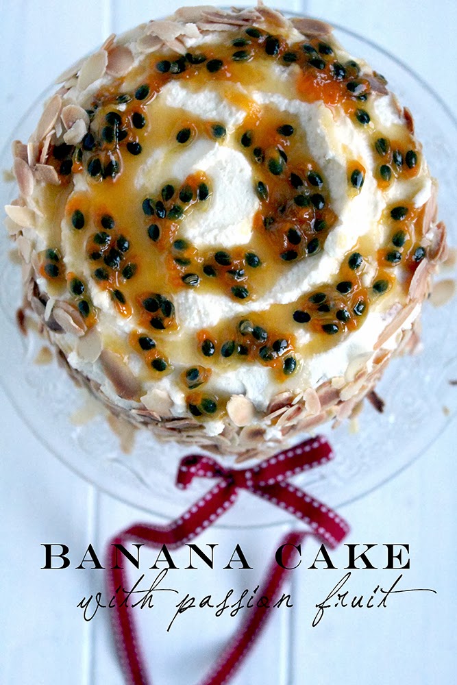 banana cake with mascarpone frosting and passionfruit syrup
