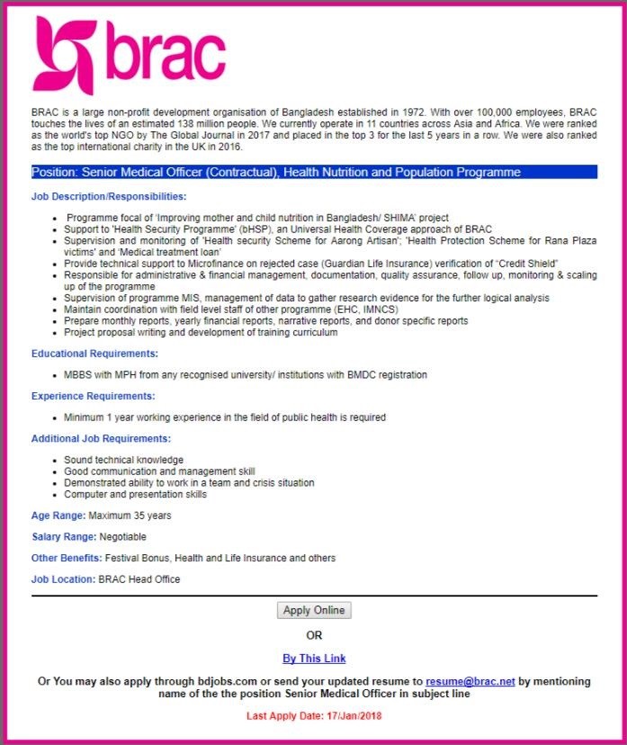 Brac Job circular 2018 Senior Medical officer in Health and