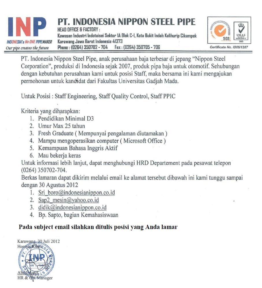 Mari Berbagi: PT. INDONESIA NIPPON STEEL PIPE