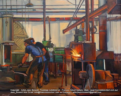 Industrial heritage - Blacksmiths at Eveleigh Railway Workshops  oil painting by artist Jane Bennett