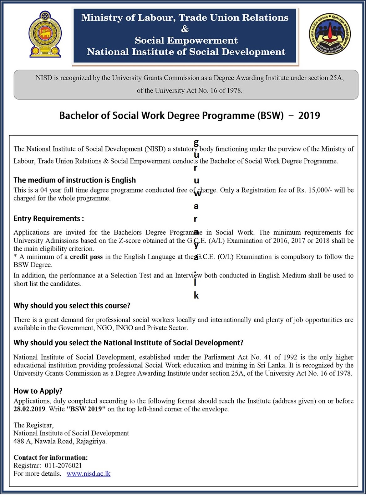 Course Bachelor of Social Work Degree Programme Teacher