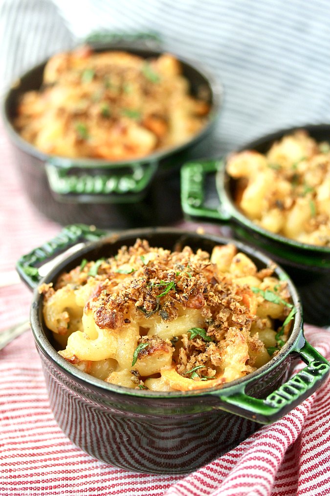 Spiralized Sweet Potato Macaroni and Cheese with fried onion topping