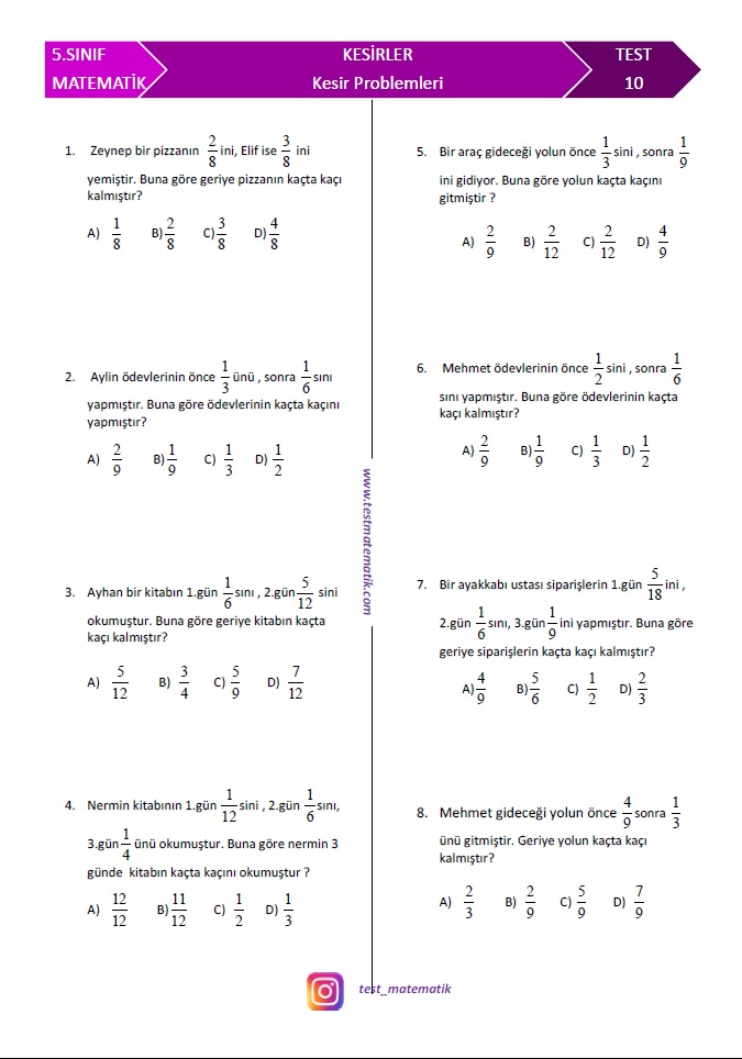 Resim Ayrıntıları 5.Sinif Kesi̇r Problemleri̇ - Test Matematik