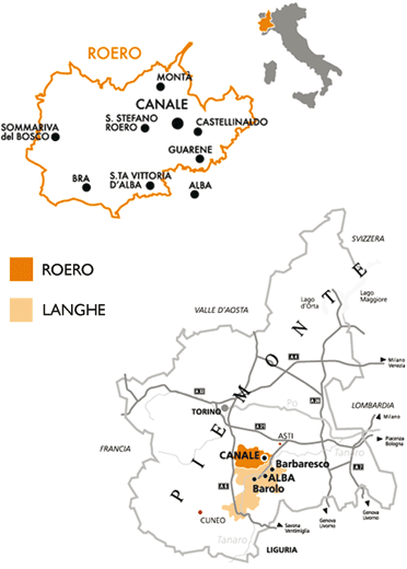 Map Roero & Langhe regions of Piedmont