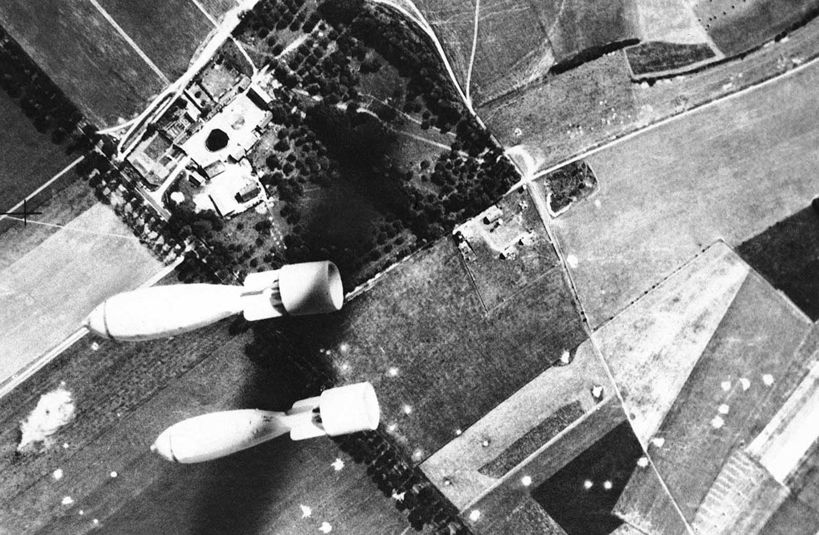 Bombs let loose by the Royal Air Force during a raid on Abbeville Aerodrome, now held by Germans, in France, on July 20, 1940.