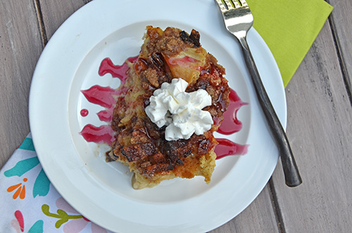 Candied Bacon French Toast Casserole recipe with Mixed Berry Syrup