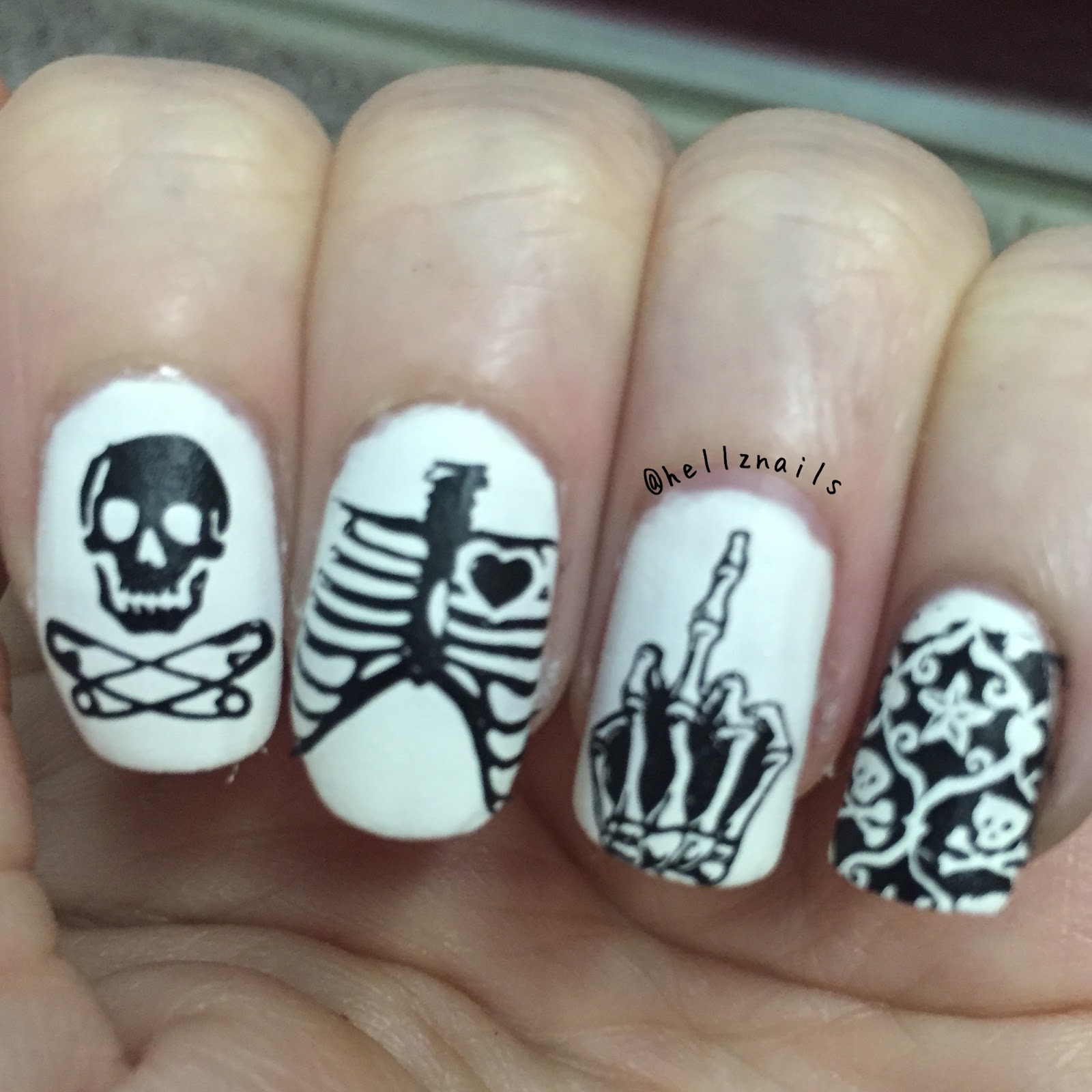 Clairestelle8oct October nail art challenge day 24 bones Hellz nails