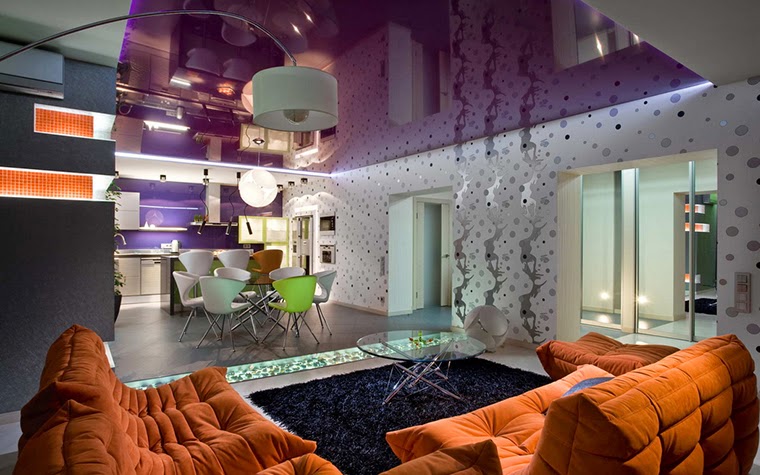 modern living room design with purple stretch ceiling