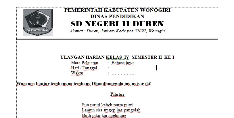 Soal dan Kunci Jawaban Ulangan Harian Bahasa Jawa Semester