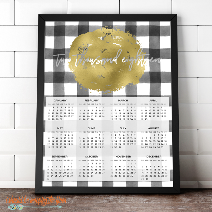 Free Printable 2018 Calendar At A Glance in Black and White Buffalo Check and Gold