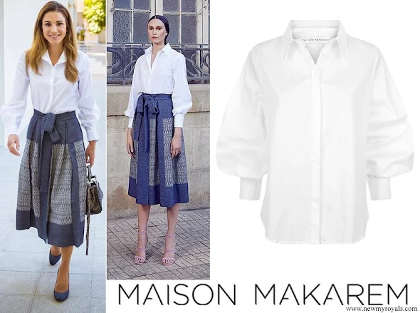 Queen Rania wore Maison Makarem Fearful Symmetry Skirt and Balloon Long Sleeve Shirt