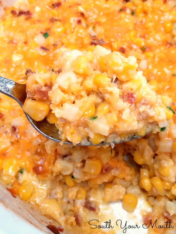 Corn Casserole with Cheese & Bacon! This easy dish comes together quickly with just corn, butter, cheddar cheese, bacon, a little flour, eggs and chives!