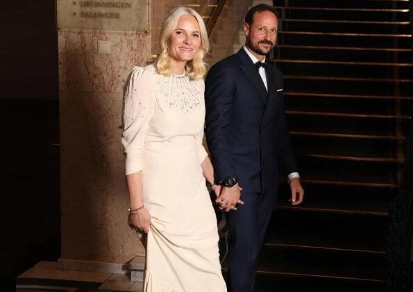 Crown Princess Mette-Marit wore a Pia Tjelta gown, Queen Sonja wore a Dundas chantilly lace-insert silk-georgette gown