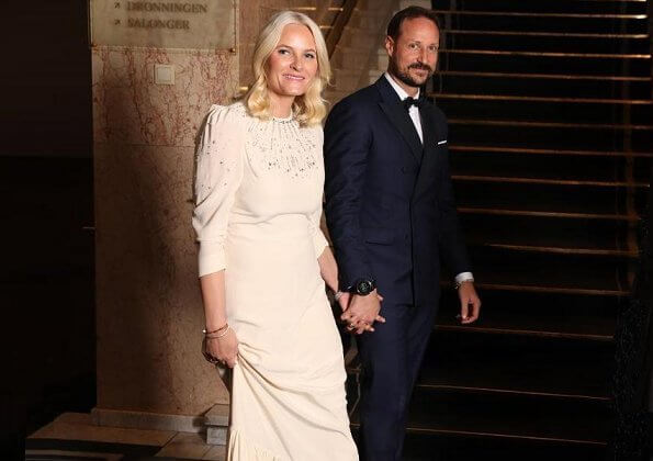 Crown Princess Mette-Marit wore a Pia Tjelta gown, Queen Sonja wore a Dundas chantilly lace-insert silk-georgette gown