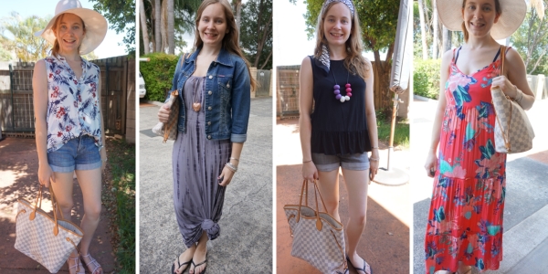 4 outfit ideas Louis Vuitton damier azur neverfull bag at the beach | awayfromtheblue
