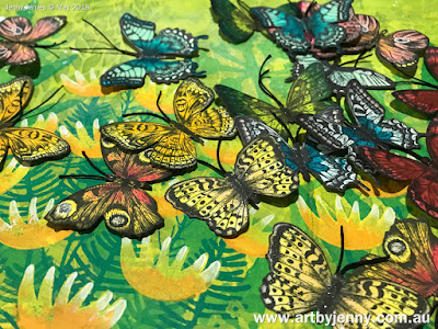 butterflies art journal page using stamps and other mixed media craft supplies