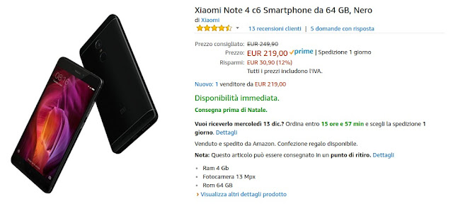 Xiaomi Redmi Note 4 Black 4/64 GB su Amazon a 219 euro: ci siamo quasi con il prezzo!