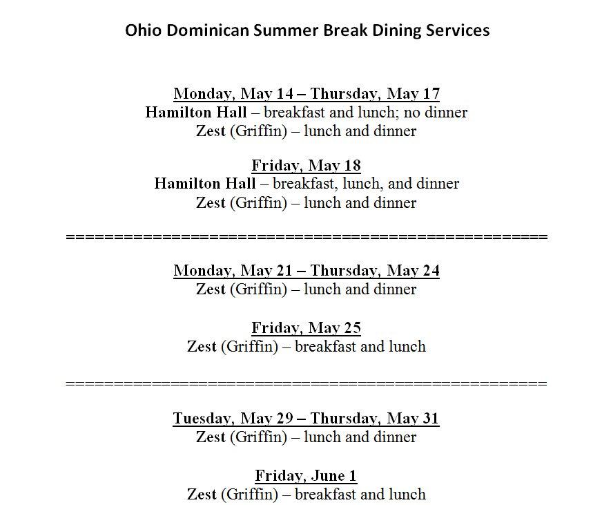 Columbus LTC Dining Services Summer Schedule