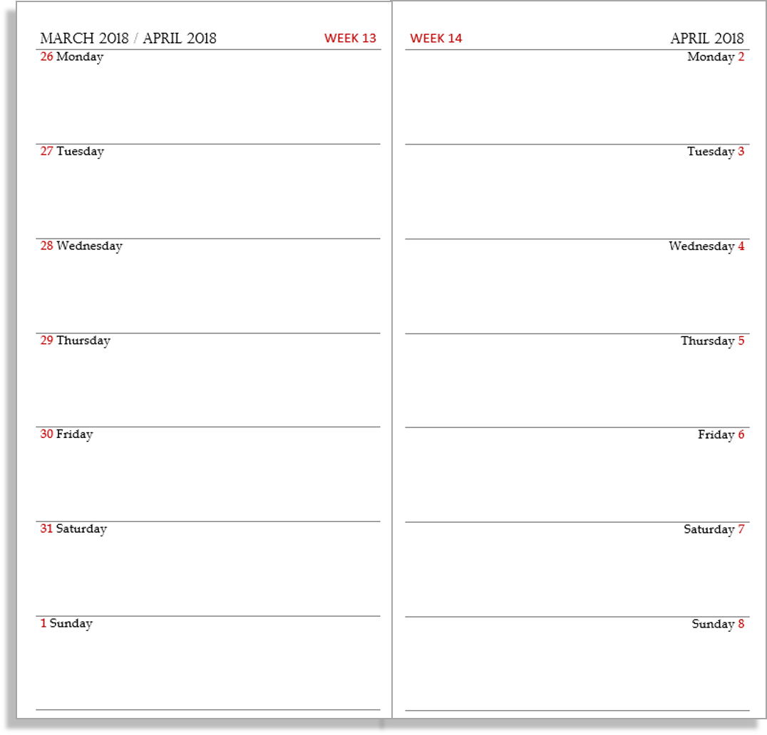 weekly calendar march 2018