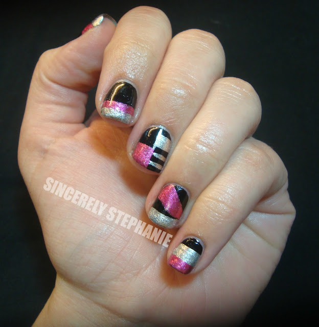 pink-black-silver-geometric-nail-art