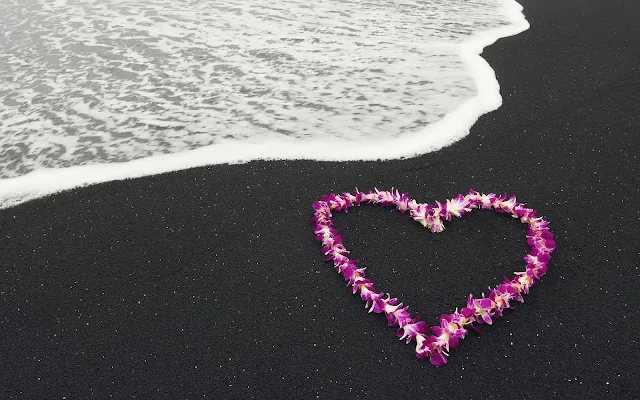 Roze liefdes hartje van bloemen op het strand