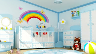 kamar tidur bayi laki laki bergambar pelangi