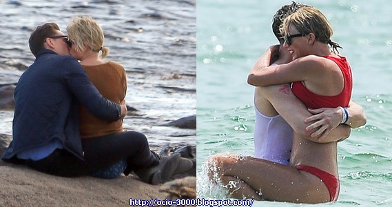 Taylor Swift y su novio Tom Hiddleston besándose abrazados, beso.