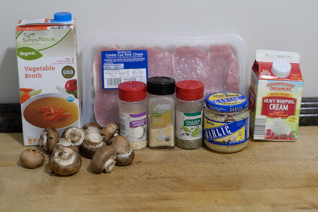 The ingredients needed to make the pork chops and mushroom garlic sauce.  