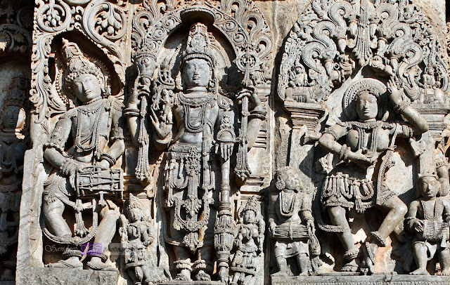 On the left is the Dancer with tabla, at the center must be the image of Vishnu, and on the right is a Shilabalike or the dancing madanika