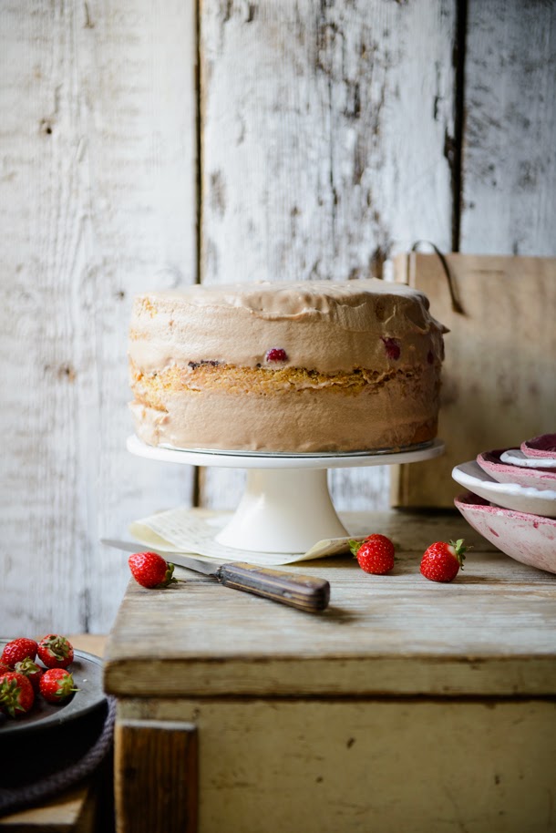 Strawberry cake with chocolate & salted caramel mousse and almond sponge