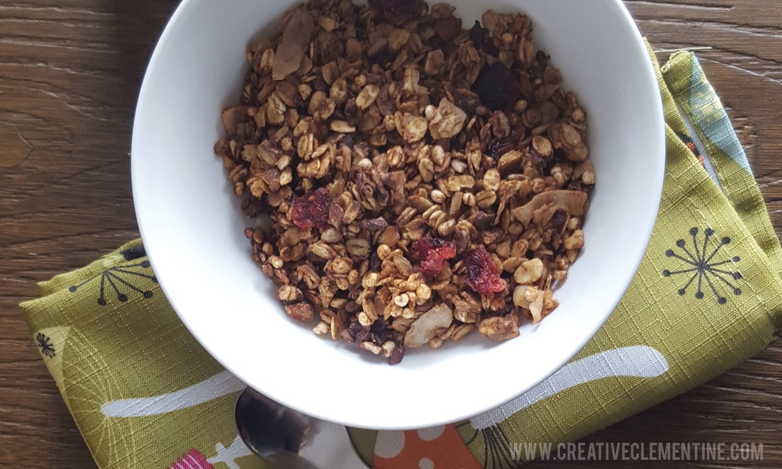 Recipe for Chocolate Chai Granola with Cranberries on www.creativeclementine.com